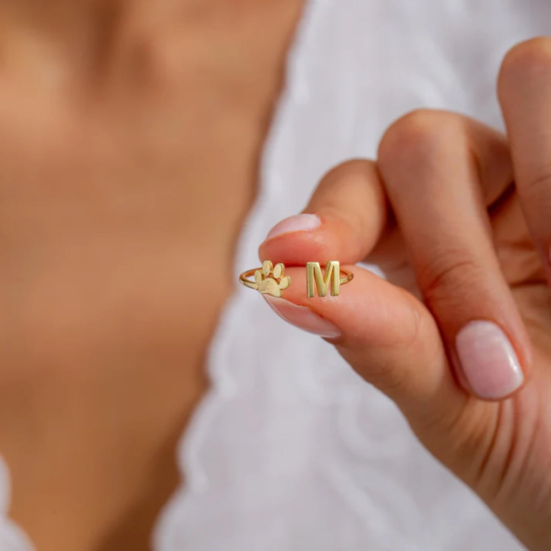 Personalized Engraved Paw Initial Ring