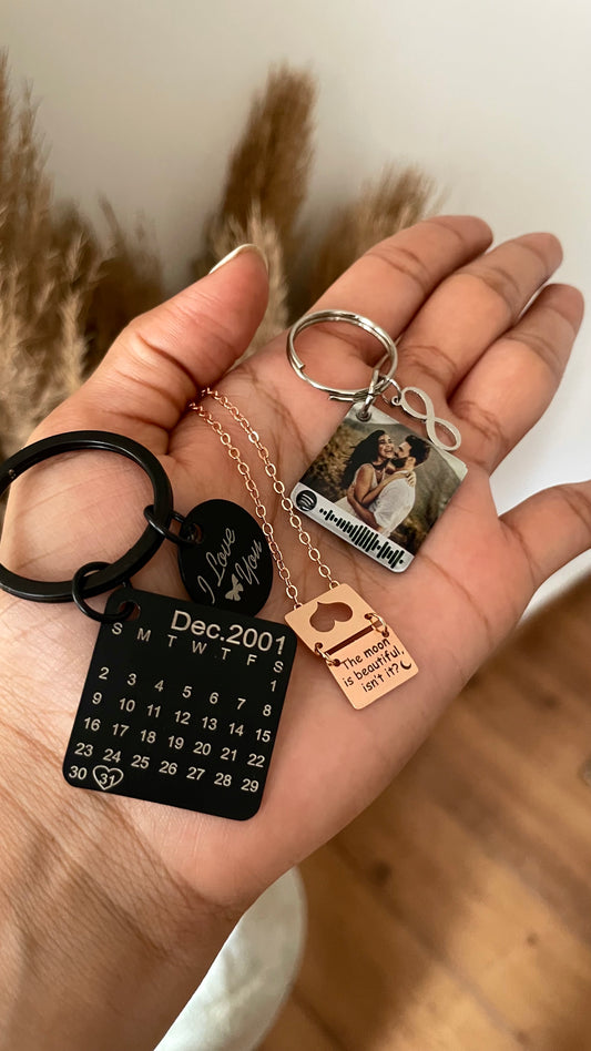 Black Calendar Keychain X Openable Love letter Necklace X Spotify Photo Keychain (3 gift’s just at ₹1899)