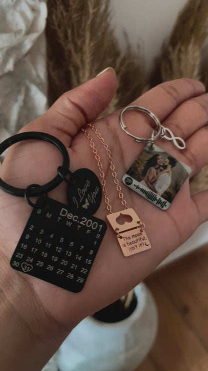 Black Calendar Keychain X Openable Love letter Necklace X Spotify Photo Keychain (3 gift’s just at ₹2399)