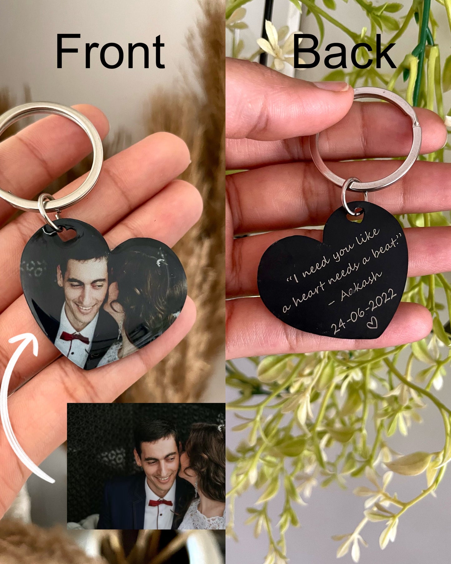 Personalized Photo Engraved Keychain with Special Date/Message in Black